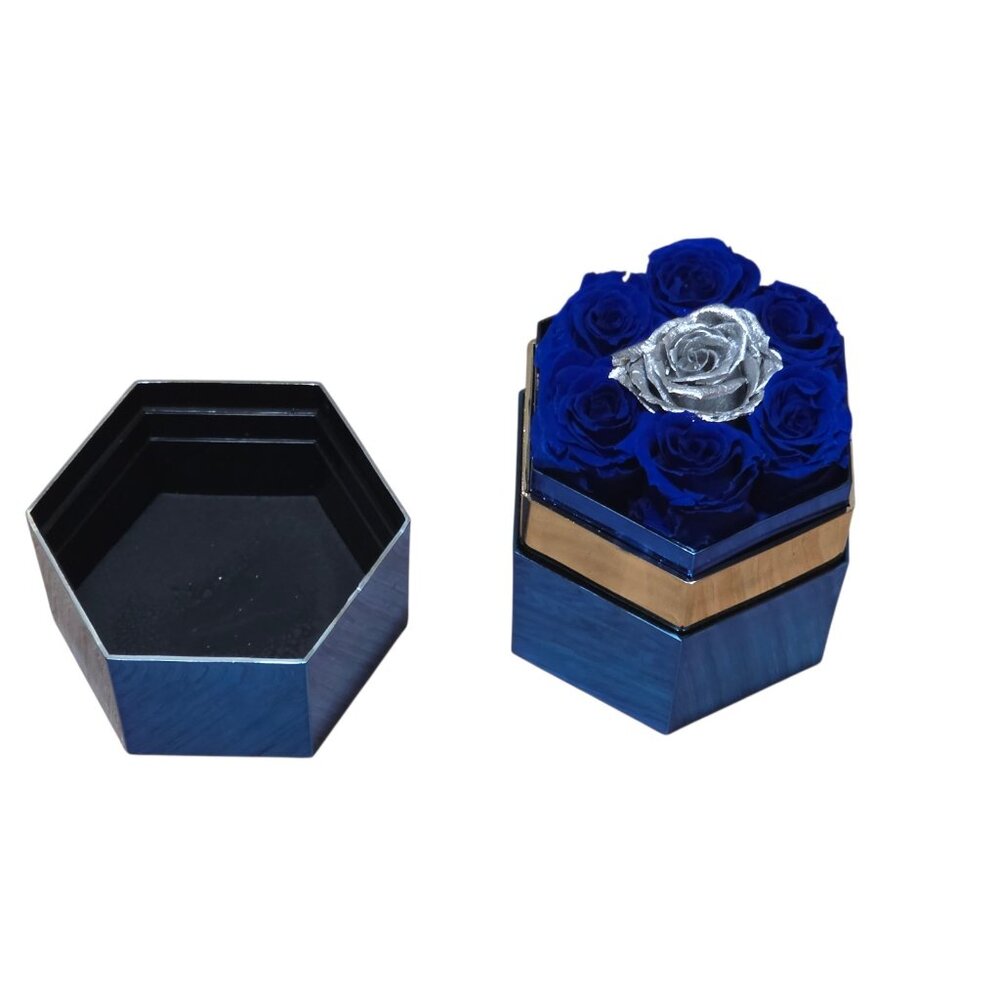 One in a Million Mirror Blue Hexagon Box Dark Blue & Silver Roses 3" x 4"